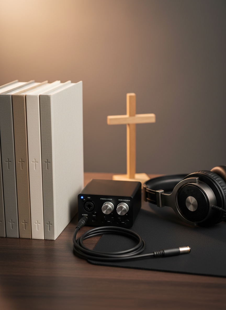 A close-up, eye-level photograph of a stack of Christian-themed books with blank, elegant covers in soft neutral tones, neatly arranged on the left side of a dark wooden table. On the right side, a compact audio interface, coiled XLR cable, and a pair of over-ear headphones rest on a black mouse pad, clearly distinguishing the book and music sections. A minimalist wooden cross sculpture stands subtly in the background between the two areas. Soft studio lighting from above and slightly to the left creates gentle highlights on the book spines and subtle metallic reflections on the audio gear. The atmosphere is calm, organized, and professional, with a clear, visual division between written word and music content.