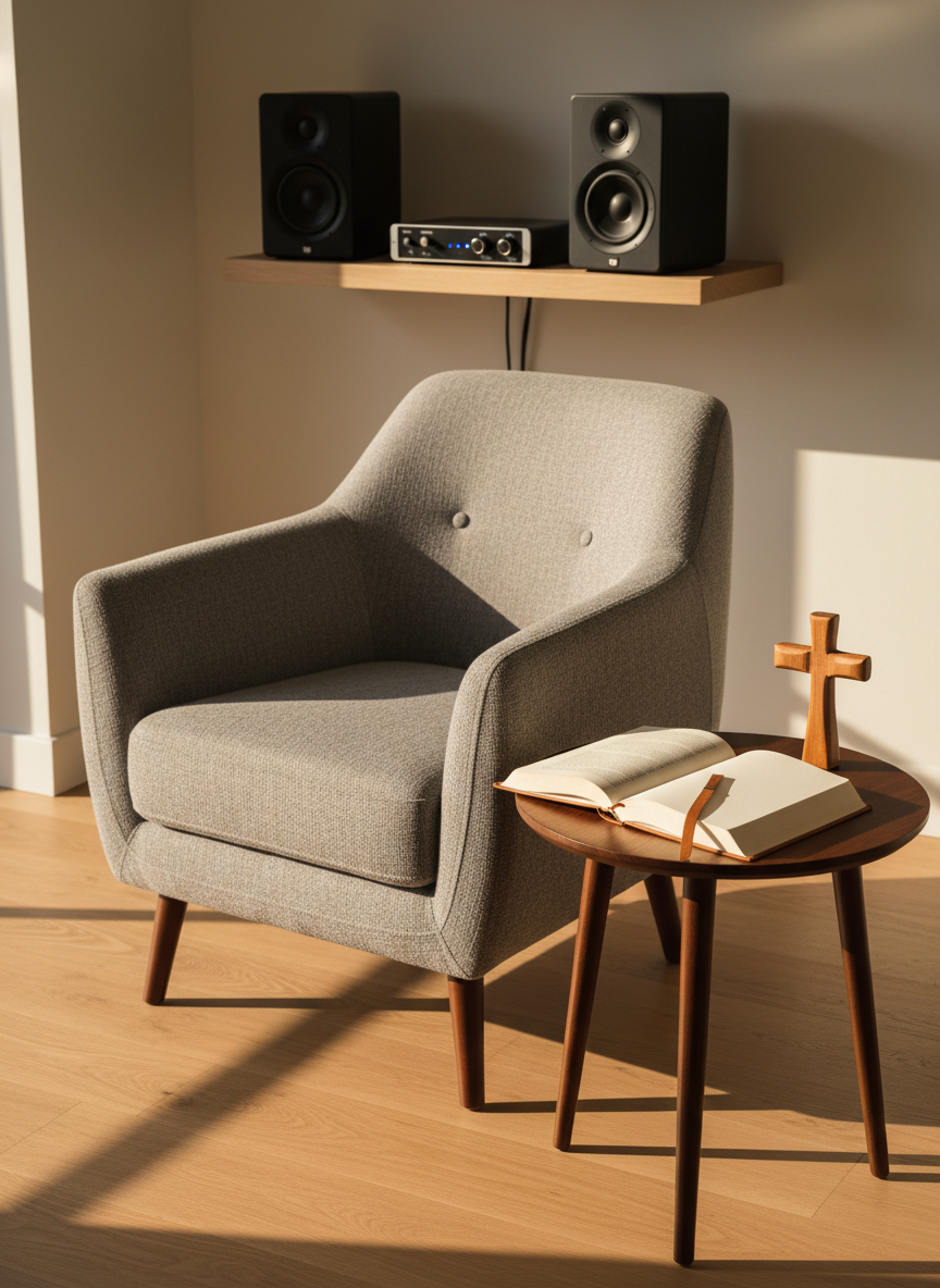 A serene, photographic reading nook designed for a Christian author: a comfortable empty armchair with a textured gray fabric sits beside a round wooden side table. On the table, an open book with blank ivory pages, a simple metal bookmark, and a small wooden cross are arranged carefully. Across the room, on a separate, clearly distinct floating shelf, a compact pair of minimalist speakers and a small audio interface hint at a nearby music reaction space. Soft golden hour sunlight streams through unseen windows, casting warm, elongated shadows and creating a peaceful glow. Captured at eye level with a gentle, inviting composition, the image conveys quiet reflection, faith, and professionalism without clutter.