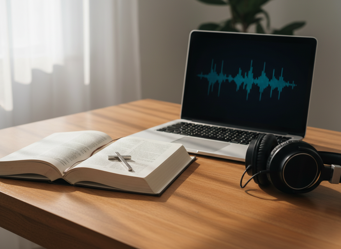 A polished wooden desk set up as a creative Christian workspace, with an open hardcover book displaying blank cream pages on one side and a sleek laptop paused on a music waveform visualization on the other. A simple metal cross lies gently across the book’s margin, and a pair of studio headphones rests beside the laptop. Soft morning light from an unseen window washes across the desk, creating gentle shadows and subtle reflections on the smooth surface. Photographic realism from a slightly elevated angle, with a shallow depth of field that blurs a clean, neutral background. The mood is professional yet warm, symbolically separating but harmonizing the book-writing and music-reacting sides of the brand.