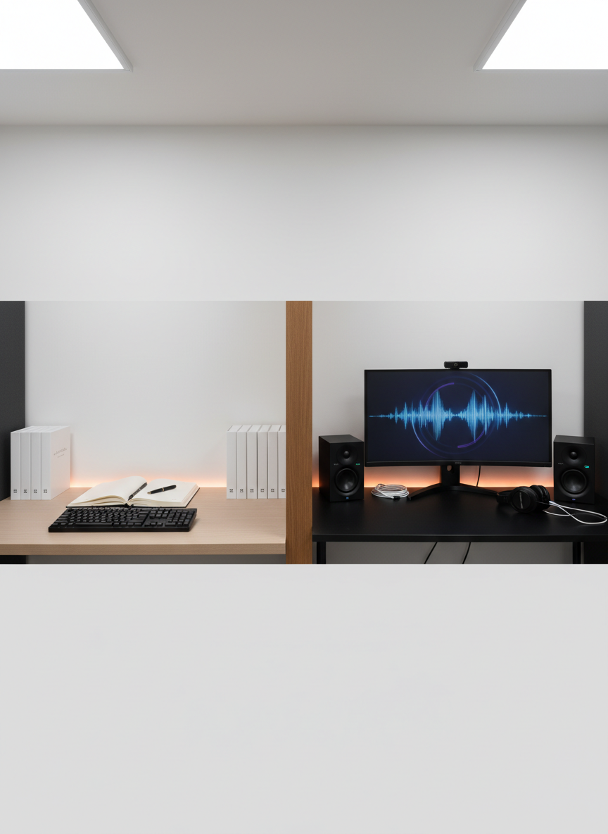 A wide, photographic shot of a modern, minimal studio space divided into two clearly defined zones. On the left, a neat writing area with a slim keyboard, a large open notebook, and a stack of blank-covered Christian books arranged upright. On the right, a compact music reaction corner with a large display showing an abstract waveform, studio speakers, and neatly coiled cables atop a black desktop. A subtle vertical line of contrasting wall paint or a narrow shelf visually separates the two sections while keeping them cohesive. Soft, diffused overhead lighting ensures even illumination, with subtle accent lights adding depth. The mood is focused, creative, and professional, ideal for a website hero banner emphasizing both books and music content.