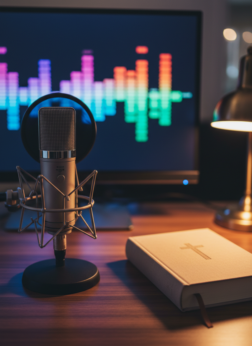 A close, cinematic photograph of a professional podcast-style microphone with a metal mesh grille and shock mount in sharp focus, positioned in front of a blurred large monitor showing colorful, abstract equalizer bars without any text. To the side, just within focus, lies a closed Christian-themed book with a plain, tasteful cover and a slim leather bookmark, resting on a smooth wooden desk. Cool, directional LED lighting from the monitor creates subtle reflections on the microphone, while a warmer desk lamp casts a soft glow over the book, symbolizing faith meeting modern media. The composition uses rule-of-thirds framing and a shallow depth of field to create a dynamic yet professional atmosphere.
